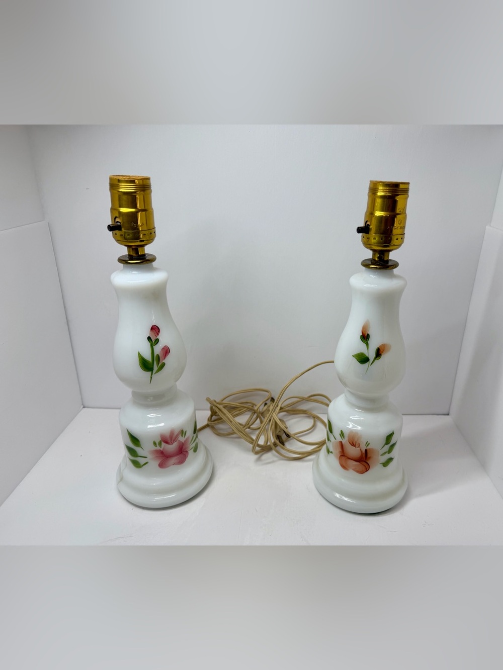 Vintage (c.1940-1950) Hand-Painted Milk Glass Lamp Pair